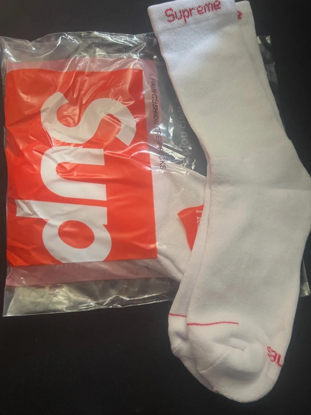 Supreme White Crew Socks with Red Logo